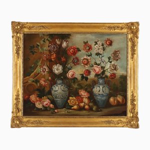 Nature Morte avec Vases à Fleurs et Fruits, Huile sur Toile, Encadrée