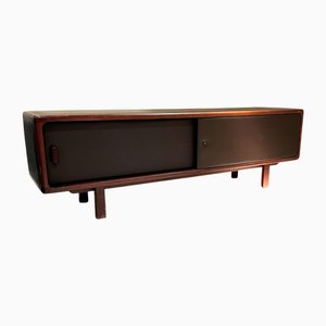 Sideboard in Chocolate Brown Leather and Wood, 1970s