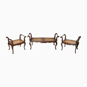 Napoleon III Benches in Solid Walnut, France, 19th Century, Set of 3