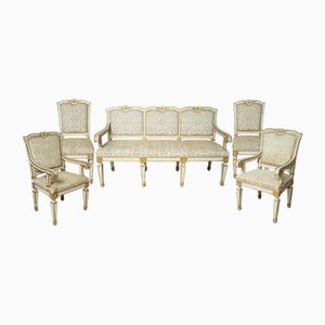 Antique Louis XVI Style Living Room Set in Lacquered and Gilded Wood, Naples, Early 20th Century, Set of 5