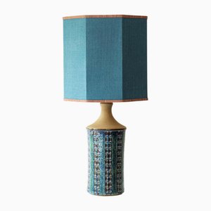Lámpara de mesa de cerámica en azul verdoso con pantalla atribuida a R, Houben, años 70