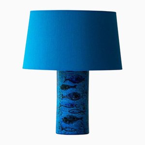 Aqua Ceramic Table Lamp from Bitossi with Blue Silk Lampshade attributed to R. Houben, 1970s