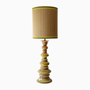 Glazed Moss Green Ceramic Floor Lamp with Silk Lampshade attributed to Rene Houben, 1960s