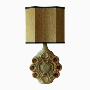 Ceramic Table Lamp attributed to B. Rooke with Green Silk Lampshade attributed to R. Houben, 1970s