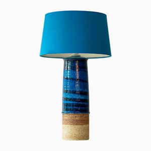 Aqua & Sand Keramik Tischlampe mit blauem Seidenlampenschirm, R. Houben zugeschrieben, 1970er