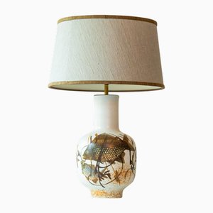 Ceramic Floor Lamp with Fish Motif and Silk Lampshade attributed to R. Houben, 1970s