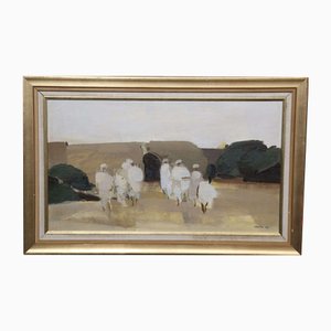 Artista sueco, Figuras contra el paisaje abstracto, años 60, Pintura al óleo, Enmarcado