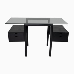 Modern Lacquered Ash Desk with Glass Top and Suspended Drawers, 1980s