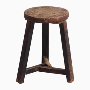 Antique Dark Colored Round Stool, 1900