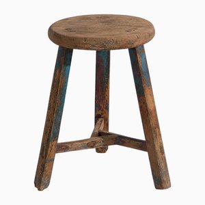 Sgabello antico con patina azzurra, 1900