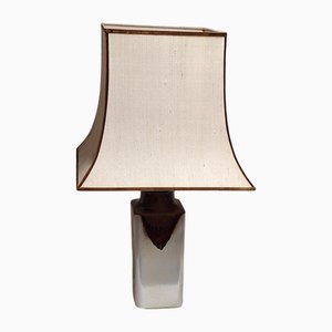 Large Vintage Table Lamp with White Square Ceramic Base with Brown Gradient Glaze and Original Cream-Colored Fabric Shade, 1970s