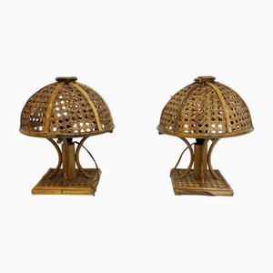 Lampade da comodino Mid-Century moderne in vimini e bambù, anni '60, set di 2