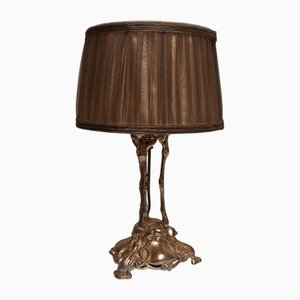 Antique Art Nouveau Table Lamp with an Openwork Bronze-Painted Metal Base and Handmade Fabric Shade from Lamplove, 1890s