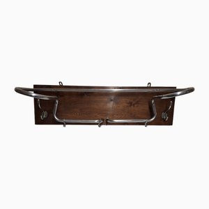 Perchero de pared Art Déco vintage de madera de haya marrón con ganchos y barras de aluminio, años 30