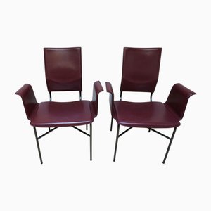 Poltrone in pelle rossa bordeaux di Ross Littell per Matteo Grassi, acciaio, Italia, anni '80, set di 2