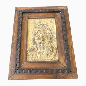 Plaque Murale Religieuse Vintage en Feuille d'Or avec Cadre en Bois Sculpté à la Main