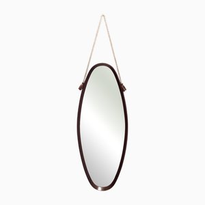Specchio ovale vintage con cornice in faggio ebanizzato e corda in nylon, Italia, anni '50