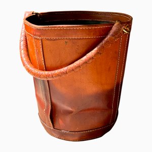 Patinated Saddle Leather Waste Basket with Handle and Brass Details, France, 1960s