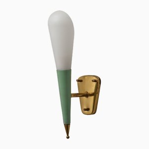 Italienische Wandleuchte aus Messing & Grün lackiertem Stahl mit Opalglasschirm, 1950er