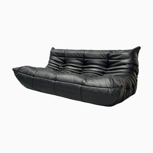 Sofá Togo francés de cuero negro atribuido a Michel Ducaroy para Ligne Roset, años 70