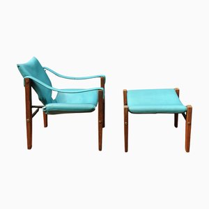 Set de Chaises et Ottomanes Arkana Safari Mid-Century en Teck et Acier par Maurice Burke pour Arkana