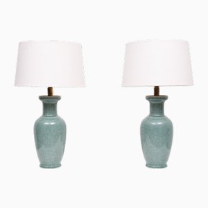 Vasi Celadon in porcellana smaltata craquelé montati come lampade da tavolo, anni '70, set di 2