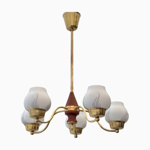 Scandinavian Modern Chandelier in Brass and Glass, Sweden, 1940s