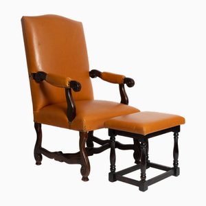 Antique Italian Fireside Chair with Ottoman in Oak, 1895, Set of 2