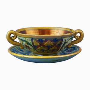 Antique Ceramic Soup Bowl with Saucer by Alfredo Santarelli, 1890s, Set of 2