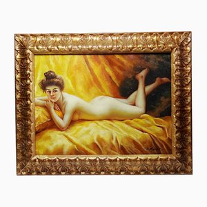 D'après Daniel Hernández Morillo, Nu au Coussin, Huile sur Toile, Encadrée