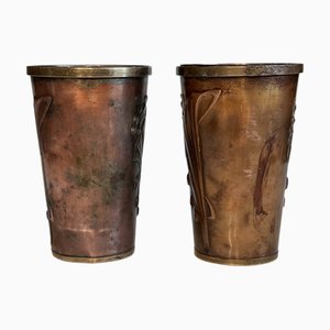 Art Nouveau Copper Mixed Metal Cups with Floral Motif Embossings, France, 1920s, Set of 2