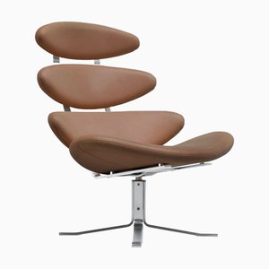 EJ5 Corona Lounge Chair in Steel and Cognac Leather by Poul M. Volther for Erik Jørgensen Møbelfabrik, 1960s