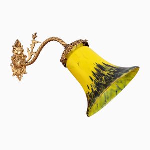 Art Deco Wall Light in Gilded Bronze and Blue-Yellow Speckled Glass, 1920s