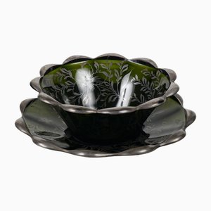 Mid-Century Green Glass Plates with Silver Decorations, Set of 2