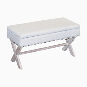 Vintage Grey Taupe Fabric Ottoman with Storage Space Raised on X Frame