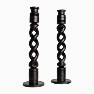 Candelabros vintage de madera oscura, años 70. Juego de 2