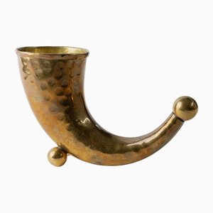 Vintage Brass Horn Vase in Hand-Carved Brass, 1930s