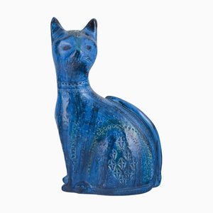 Große Keramikskulptur einer Katze in Blauer Glasur von Aldo Londi für Bitossi, Italien, 1960er