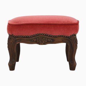 Baroque Ottoman in Carved Wood with Coral Velvet Upholstery, 1950s