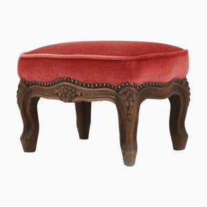 Baroque Ottoman in Carved Wood with Coral Velvet Upholstery, 1950s
