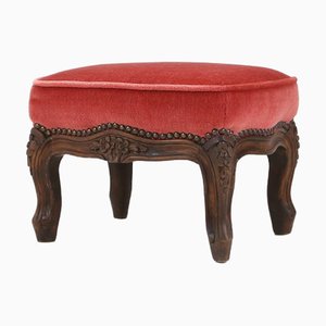 Baroque Ottoman in Carved Wood with Coral Velvet Upholstery, 1950s