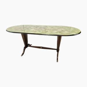 Ovaler Mid-Century Modern Esstisch aus Mahagoni & Messing mit Buntglasplatte, 1950