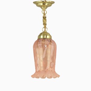 Lampe à Suspension Art Nouveau avec Abat-Jour Floral en Verre Opalin, Vienna, 1910s