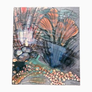 Handbemalte Keramik Wandplatte oder Fliese mit Blumen- & Pflanzenmotiven von Traute Lossau für Kupfermühle KMK Keramik, BRD, 1960er