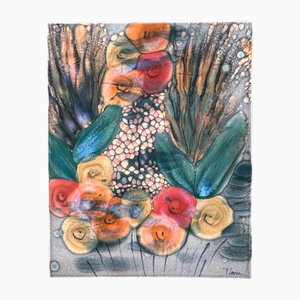 Handbemalte Keramik Wandplatte oder Fliese mit Blumen- & Pflanzenmotiven von Traute Lossau für Kupfermühle KMK Keramik, BRD, 1960er