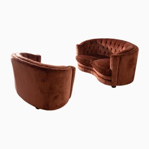 Italienische Art Deco Sofas aus orangefarbenem Capitonné Samt, 1970er, 2er Set