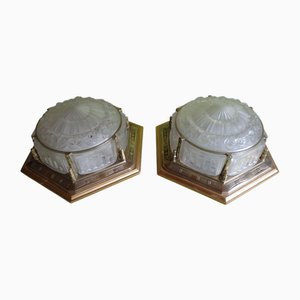 Large Art Deco Ceiling Lights in Bronze Frame and Wood, 1930, Set of 2