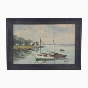 Farlès, Scène Côtière, Huile sur Panneau, 1920s-1940s, Encadré