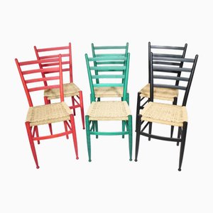 Sillas Mid-Century de madera con asientos de mimbre, Italia, años 70. Juego de 6