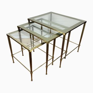 Tavolini ad incastro Hollywood Regency vintage in ottone e vetro, anni '50, set di 3